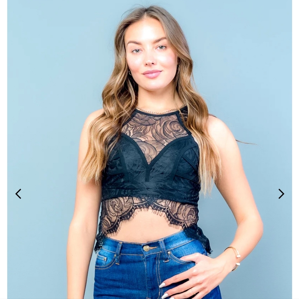 Halter Neck Lace Top With Metal Back Zip In Burgundy & Black - Picture 3 of 6